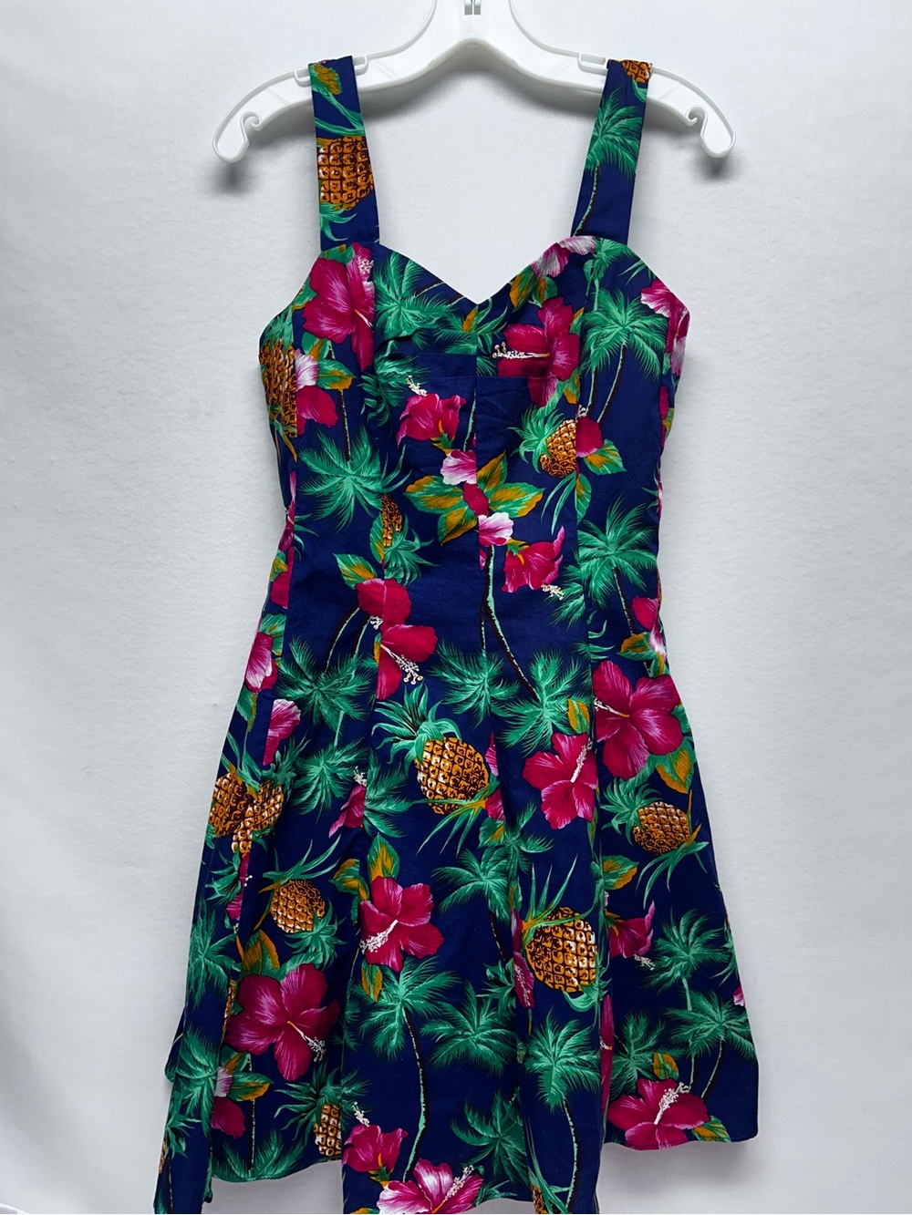 Navy Tropical Pineapple & Hibiscus Sundress VTG royal creations